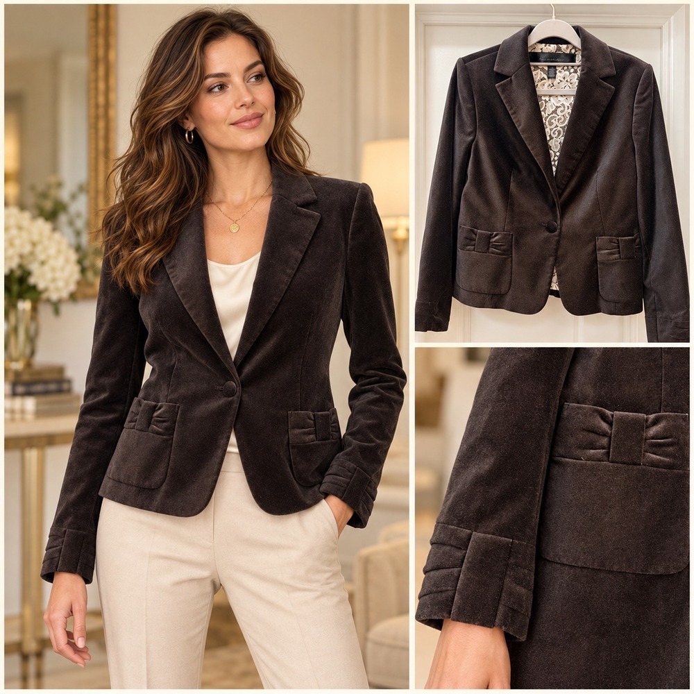 Apostrophe Womens Brown Velvet Blazer Bow Pocket Lace Lining Jacket Size 10 NWT